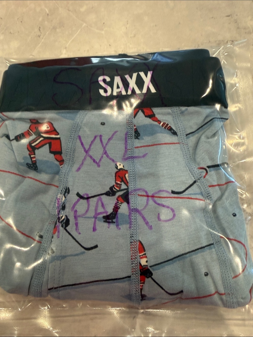 Saxx Light Blue Hockey Print Boxer Briefs with Black Waistband